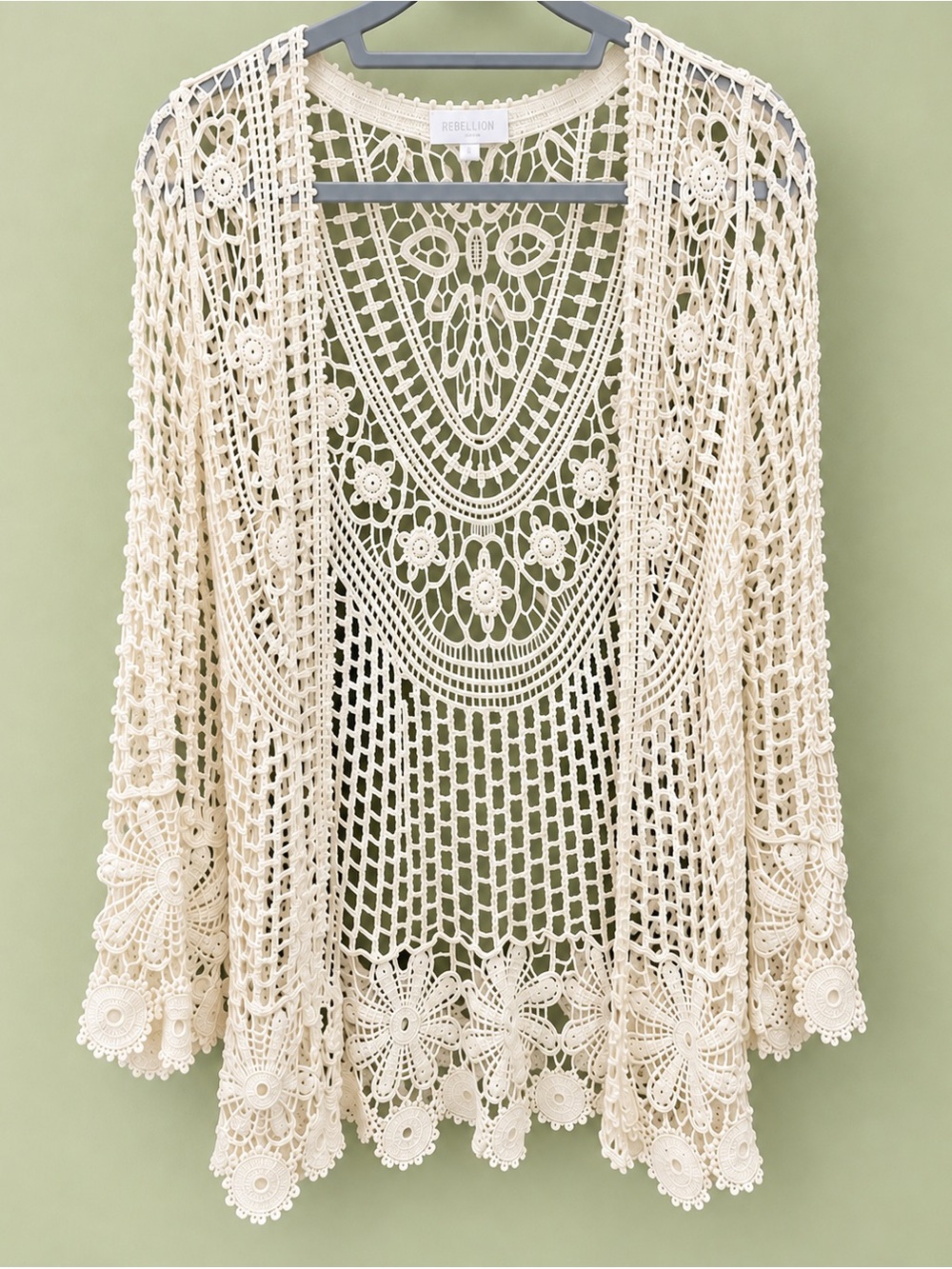 Rebellion Cream Crochet Open-Front Tunic Cardigan